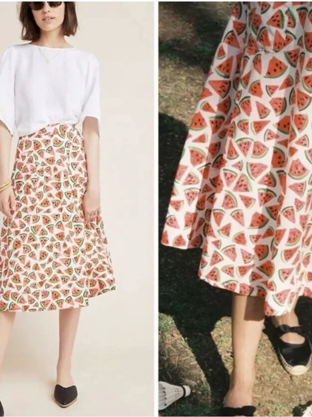 Anthropologie White Midi Skirt with Watermelon Print